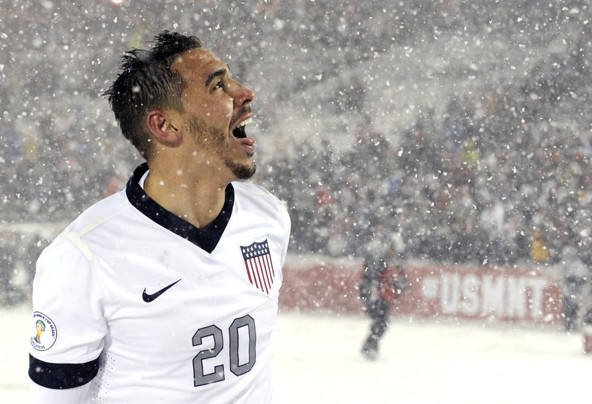 U.S. defender Geoff Cameron enjoys the snow following a 1-0 victory over Costa Rica. Source: Jack Dempsey/Associated Press via WashingtonPost.com